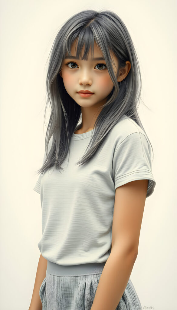 super realistic, detailed, ((gorgeous)) ((stunning)) cute young girl, full body portrait, 18 years old, pencil drawing, thin and fine wool t-shirt and a round short mini skirt, fine open straight ash grey shiny hair