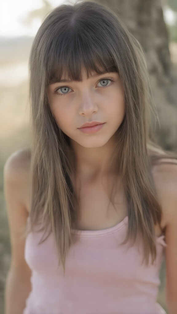 super realistic and detailed photo, a beautiful young teen girl, with (long, straight, jet soft hair, bangs), (full body view, with a slightly turned head, looking up into the camera), she wears an (thigh-length) short cropped tank top (that perfectly complements her youthful figure), the lighting is soft and warm, highlighting her natural beauty and the intricate details of her dress, all against a sunny backdrop in nature