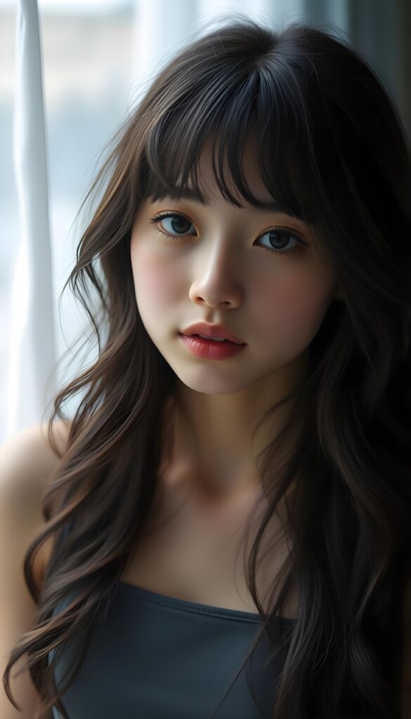 super realistic, 4k, detailed face, cute Exotic teen girl, long black wavy soft hair, bangs cut, wear a grey crop tank top, looks at the camera, portrait shot