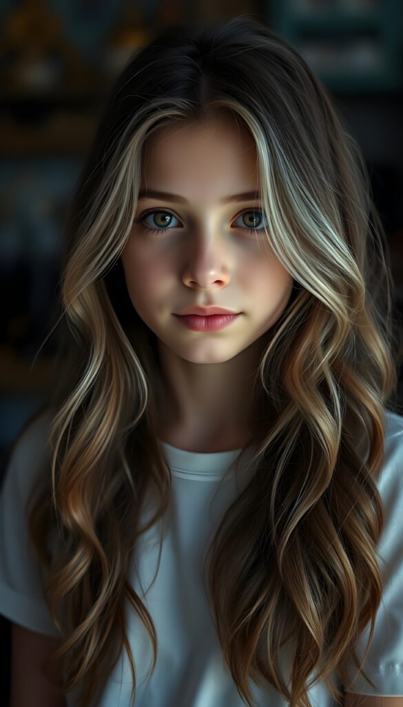 super realistic, detailed portrait, a beautiful young girl with long brown wavy hair and white highlights looks sweetly into the camera. She wears a white t-shirt