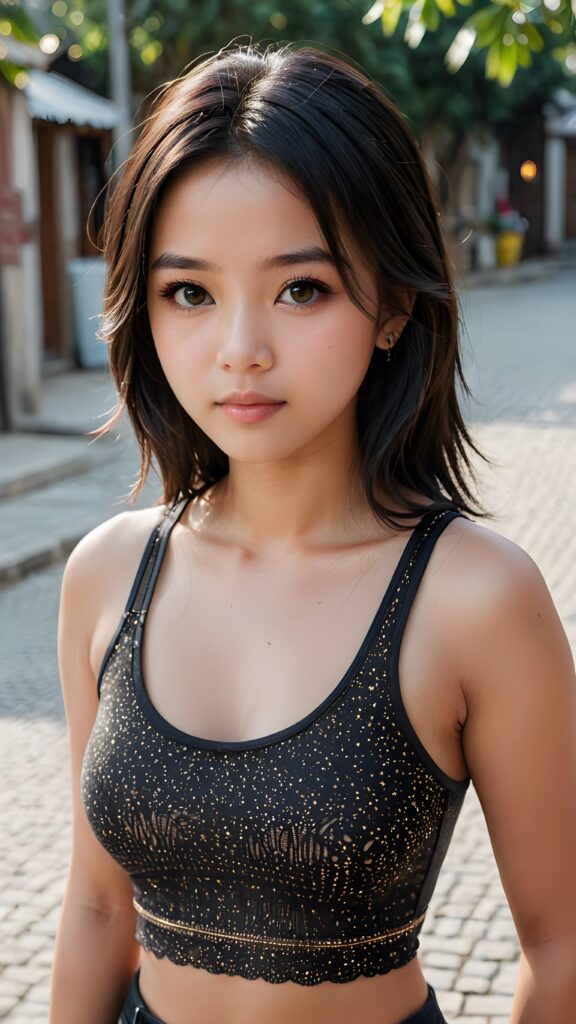 super realistic, cinematic lights, detailed face, perfect curved body, cute 16 years old asia girl, long detailed straight soft black hair, brown detailed eyes, wear short tight tank top, looks sadly at the camera, portrait shot