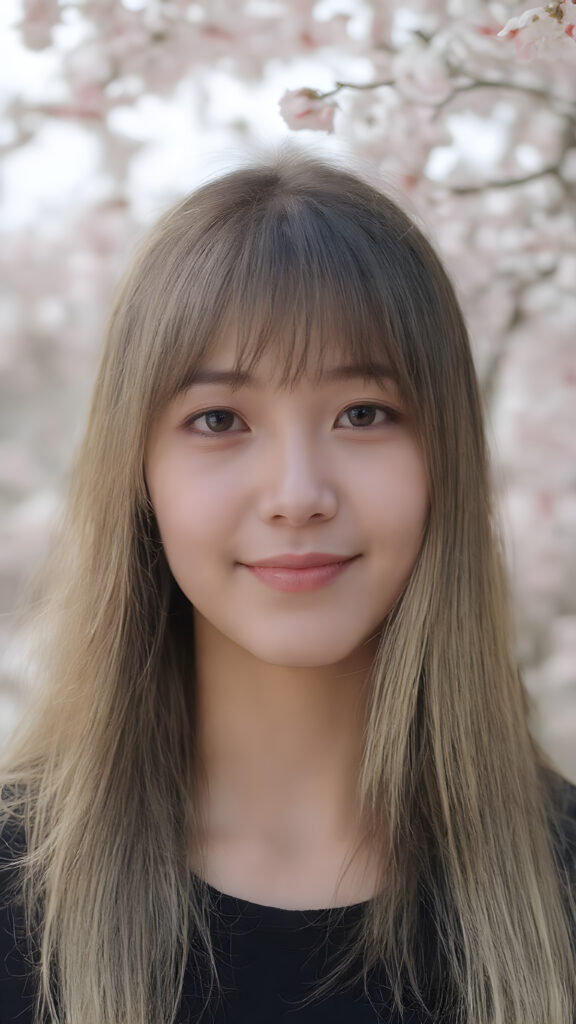 super realistic, 4k, detailed face, cute Asian teen girl, long blonde straight hair, Korean styled bangs, looks at the camera, portrait shot, smile very happy, a cherry blossom in the background