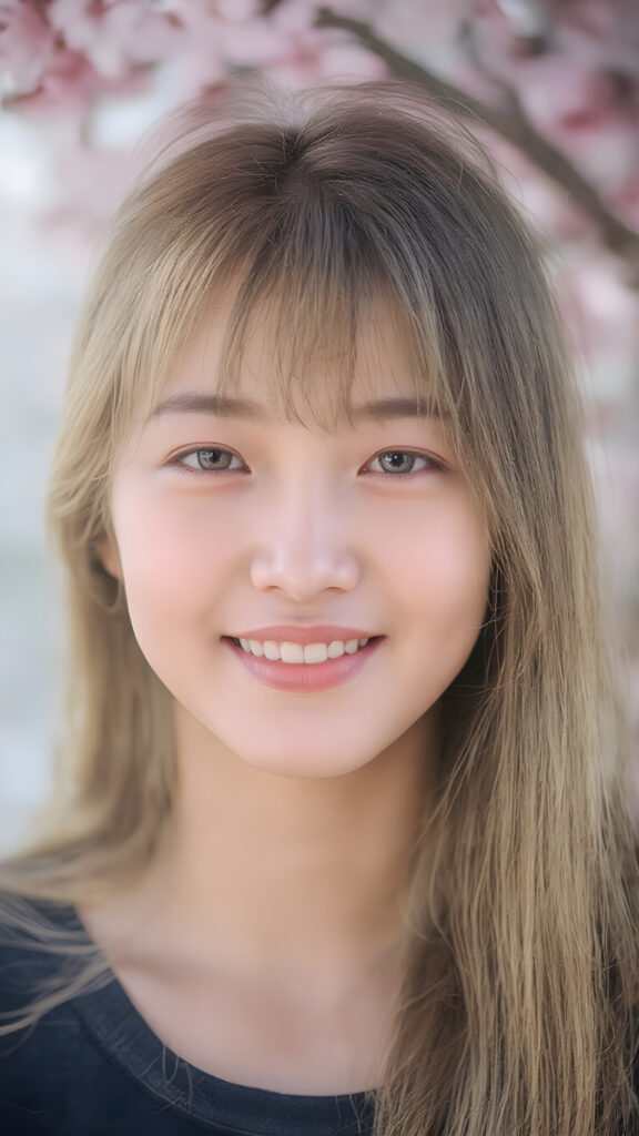 super realistic, 4k, detailed face, cute Asian teen girl, long blonde straight hair, Korean styled bangs, looks at the camera, portrait shot, smile very happy, a cherry blossom in the background