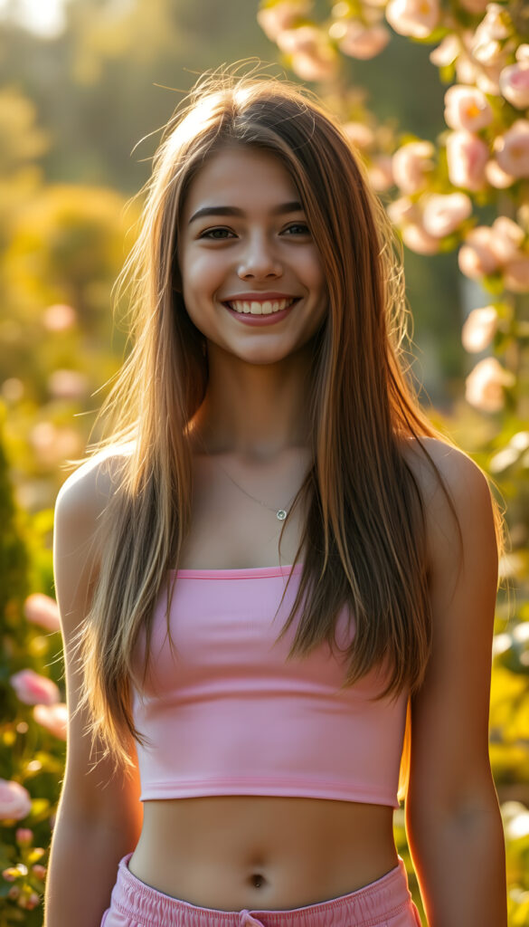 super realistic and detailed photo from a vibrant, joyful teenager, her smile radiant and infectious, stands in a lush garden bathed in golden sunlight. She wears a stylish, short pink crop top that accentuates her curves beautifully. Cute round small belly button. Her long, straight, hazelnut-colored hair cascades down her shoulders like a waterfall in the same length left and right. The scene is enhanced by soft bokeh effects and delicate floral accents, with blooming flowers and greenery surrounding her, creating a serene and cheerful atmosphere. The lighting is warm and inviting, highlighting her features and the vibrant colors of her outfit and the garden.