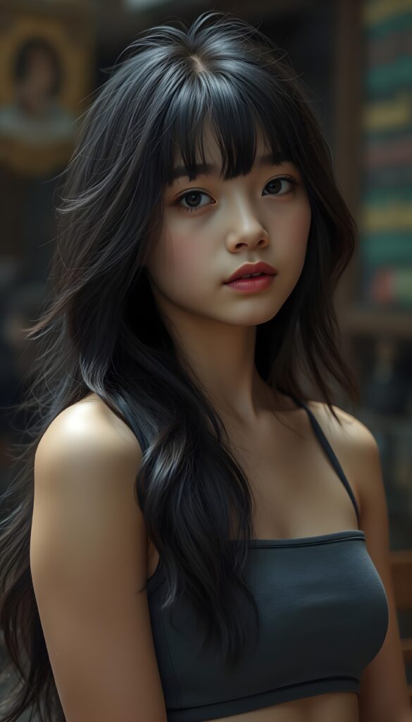 super realistic, 4k, detailed face, cute Exotic teen girl, long black wavy soft hair, bangs cut, wear a grey crop tank top, looks at the camera, portrait shot