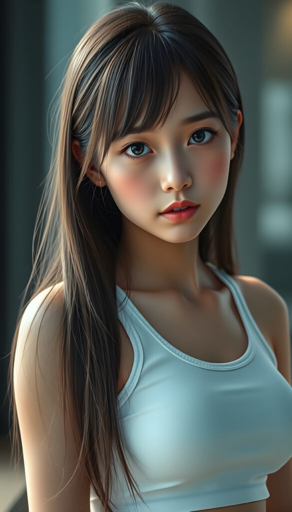 super realistic, detailed face, cute and stunning Asian girl, long straight hair, realistic detailed eyes, wear white short tight tank top, looks sadly at the camera, perfect curved body