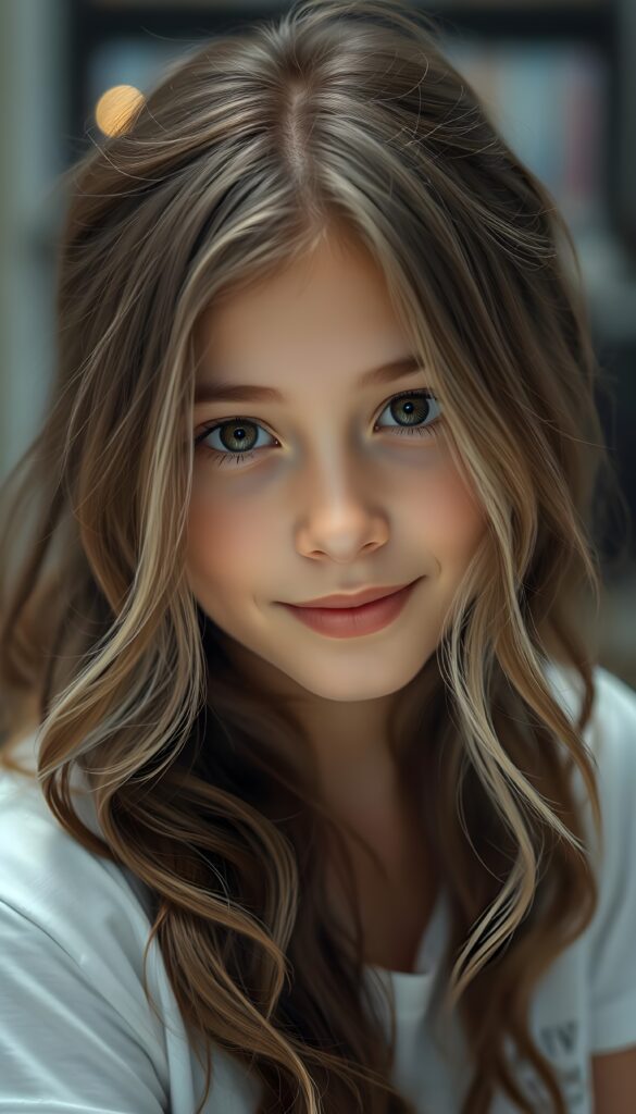 super realistic, detailed portrait, a beautiful young girl with long brown wavy hair and white highlights looks sweetly into the camera. She wears a white t-shirt
