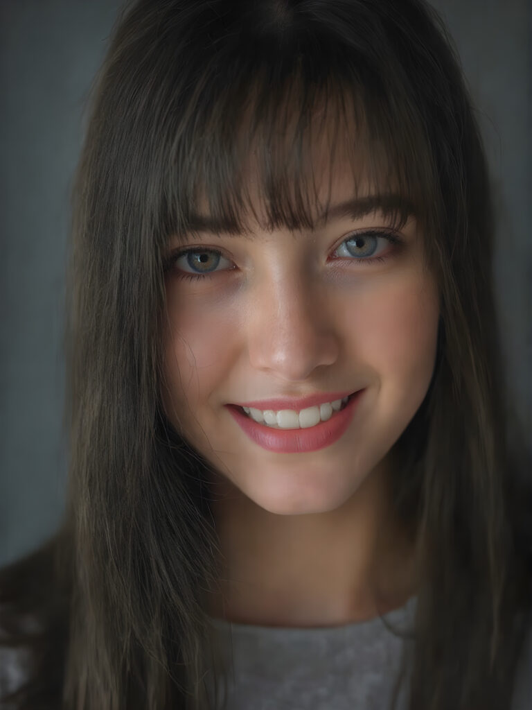 super realistic, 4k, detailed and round face, cute teen girl, super realistic and detailed long straight black hair like steel, styled bangs, looks at the camera, (centered portrait shot), smile very happy, she has detailed amber eyes and eyeliner, perfect body, full red lips, perfect skin, warm smile open mouth and white teeth, all against a grey backdrop