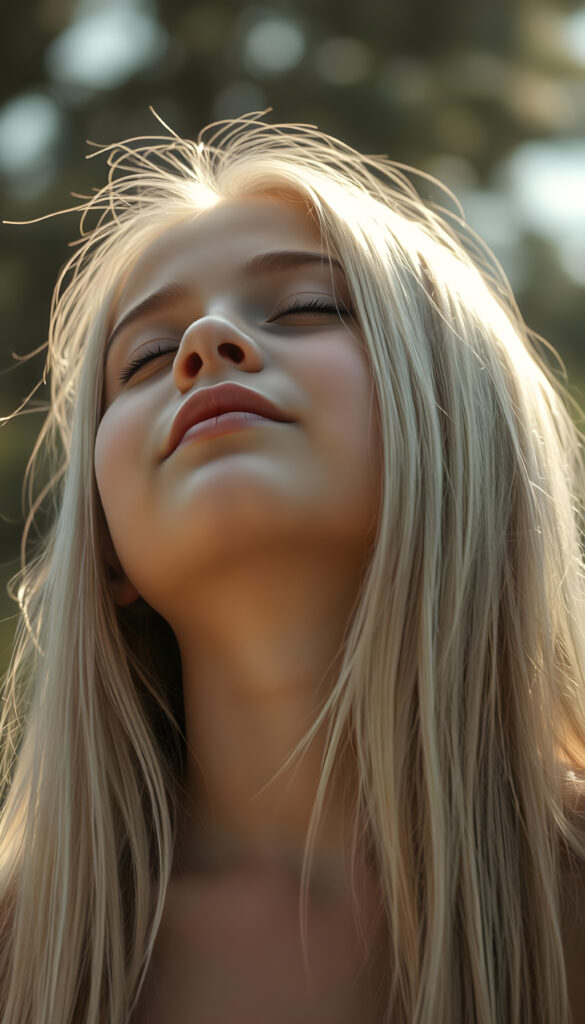 super realistic photo show a young girl, looks up, closed eyes, long straight white hair falls down to her back, the sun kiss her round face, open mouth, enjoy her life