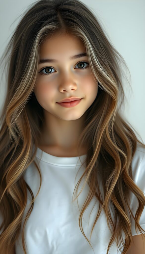 super realistic, detailed portrait, a beautiful young girl with long brown wavy hair and white highlights looks sweetly into the camera. She wears a white t-shirt. White plain simple backdrop.