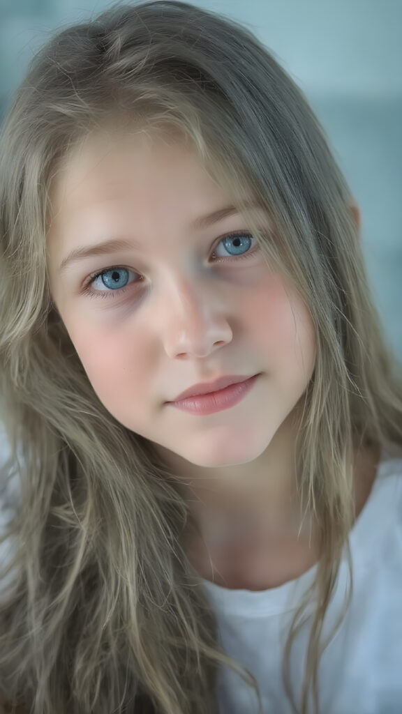 super realistic, detailed portrait, a beautiful young girl with long hair looks sweetly into the camera. She wears a white t-shirt