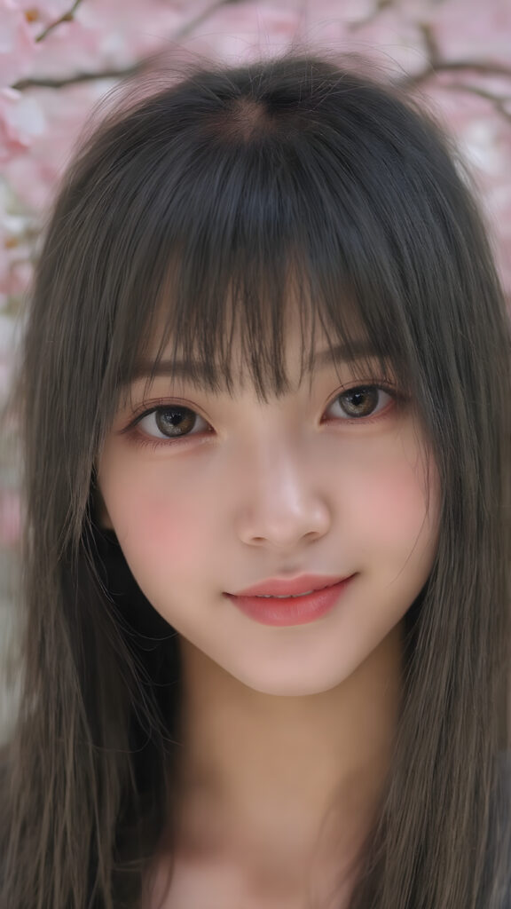 super realistic, 4k, detailed face, cute Asian teen girl, long straight black hair, Korean styled bangs, looks at the camera, portrait shot, smile very happy, there are cherry blossom trees in the background, she has amber eyes, perfect body