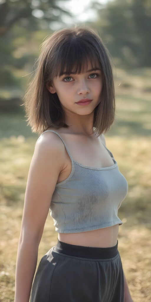 super realistic and detailed photo, a beautiful girl, with (straight, jet soft hair, bangs), (full body view, with a slightly turned head, looking up into the camera), she wears an (thigh-length) short cropped light grey sport tank top (that perfectly complements her youthful curved figure) paired with a round short black mini skirt, show her legs, the lighting is soft and warm, highlighting her natural beauty and the intricate details of her dress, all against a sunny backdrop in nature, ((the camera is slightly sideways at half height))