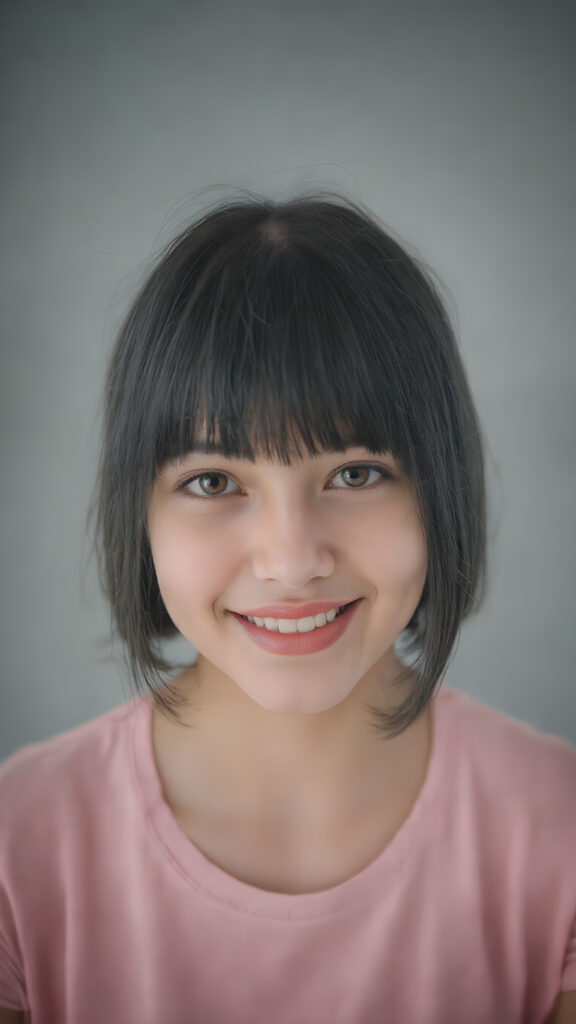super realistic, 4k, detailed and round face, cute teen girl, ((super realistic and detailed straight black hair like steel)), styled bangs and bob, looks at the camera, (centered portrait shot), smile very happy, she has detailed amber eyes and eyeliner, perfect body, full red lips, perfect skin, warm smile open mouth and white teeth, all against a grey backdrop, the girl wears a short, thin light pink t-shirt, perfect fit female body