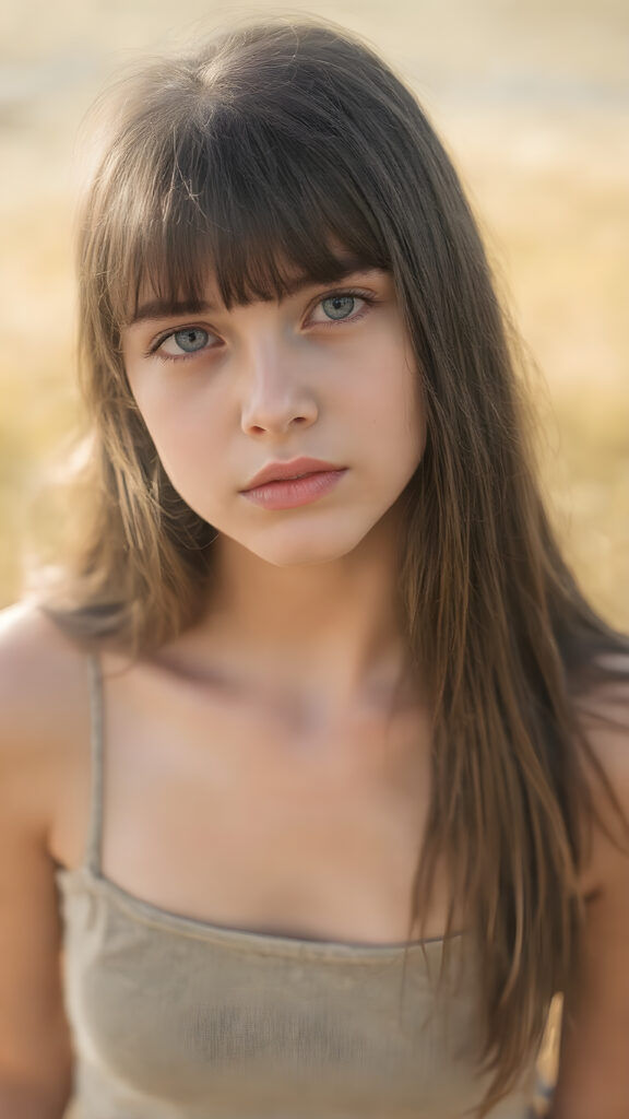 super realistic and detailed photo, a beautiful young teen girl, with (long, straight, jet soft hair, bangs), (full body view, with a slightly turned head, looking up into the camera), she wears an (thigh-length) short cropped tank top (that perfectly complements her youthful figure), the lighting is soft and warm, highlighting her natural beauty and the intricate details of her dress, all against a sunny backdrop in nature