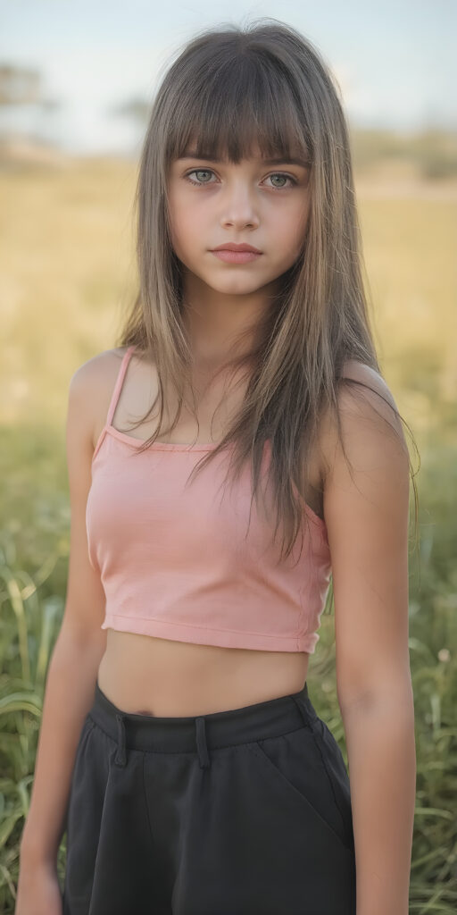 super realistic and detailed photo, a beautiful young teen girl, with (long, straight, jet soft untucked hair, bangs), (full body view), with a slightly turned head), she wears an (thigh-length) short cropped tank top (that perfectly complements her youthful figure) paired with a round short black mini skirt, the lighting is soft and warm, highlighting her natural beauty and the intricate details of her dress, all against a sunny backdrop in nature, ((the camera is slightly sideways at half height))
