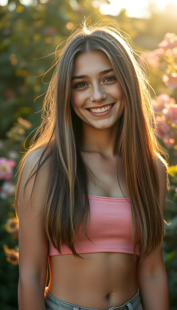 super realistic and detailed photo from a vibrant, joyful teenager, her smile radiant and infectious, stands in a lush garden bathed in golden sunlight. She wears a stylish, short pink crop top that accentuates her curves beautifully. Cute round small belly button. Her long, straight, hazelnut-colored hair cascades down her shoulders like a waterfall in the same length left and right. The scene is enhanced by soft bokeh effects and delicate floral accents, with blooming flowers and greenery surrounding her, creating a serene and cheerful atmosphere. The lighting is warm and inviting, highlighting her features and the vibrant colors of her outfit and the garden.