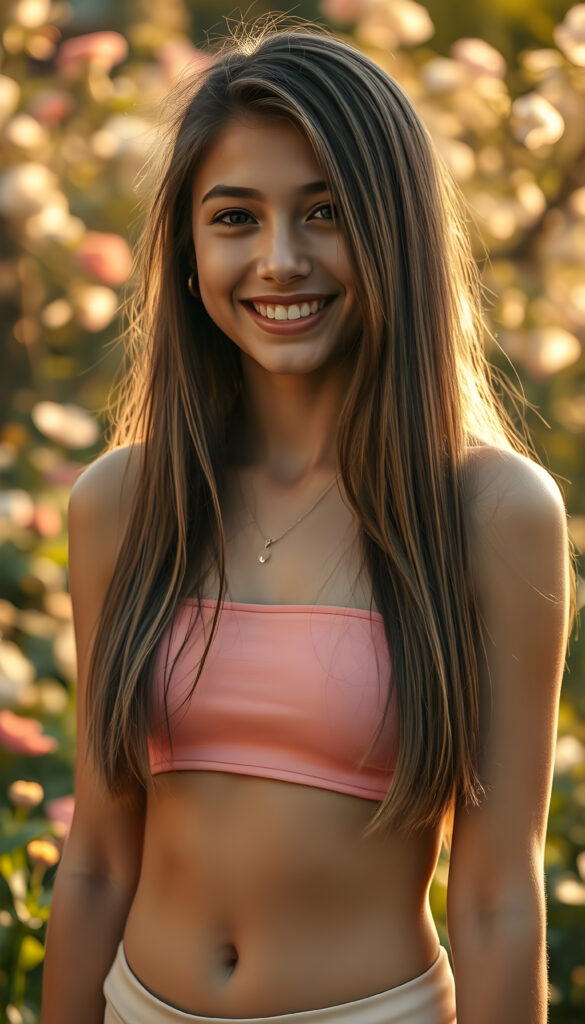 super realistic and detailed photo from a vibrant, joyful teenager, her smile radiant and infectious, stands in a lush garden bathed in golden sunlight. She wears a stylish, short pink crop top that accentuates her curves beautifully. Cute round small belly button. Her long, straight, hazelnut-colored hair cascades down her shoulders like a waterfall in the same length left and right. The scene is enhanced by soft bokeh effects and delicate floral accents, with blooming flowers and greenery surrounding her, creating a serene and cheerful atmosphere. The lighting is warm and inviting, highlighting her features and the vibrant colors of her outfit and the garden.