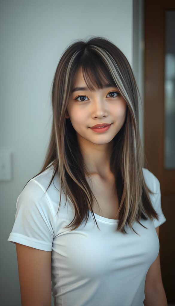 super realistic, detailed portrait, a beautiful young Asian girl with long brown straight hair and white highlights looks sweetly into the camera. She wears a white thin t-shirt. The t-shirt support her perfect female body. White plain simple backdrop.