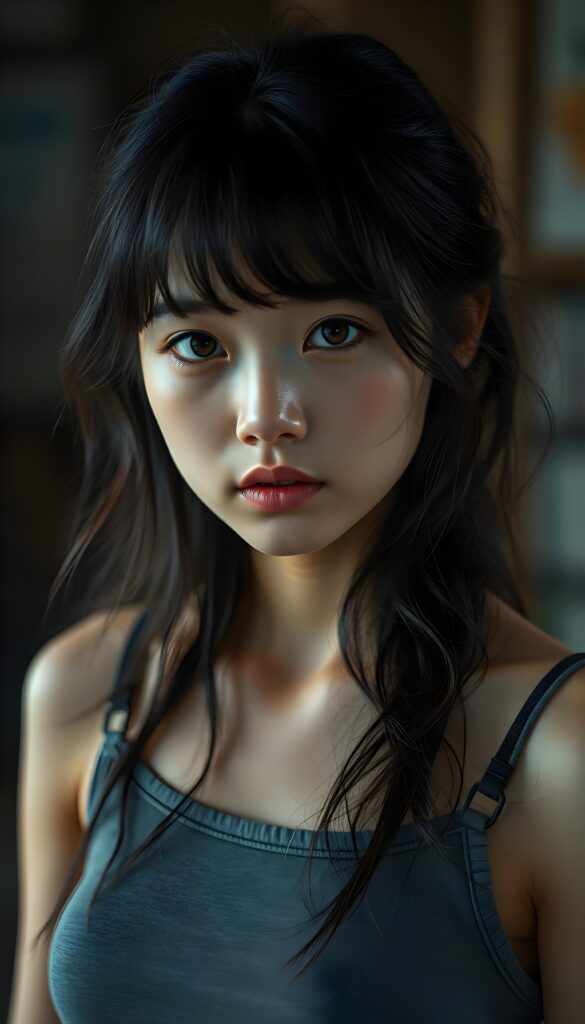super realistic, 4k, detailed face, cute Exotic teen girl, long black wavy soft hair, bangs cut, wear a grey crop tank top, looks at the camera, portrait shot