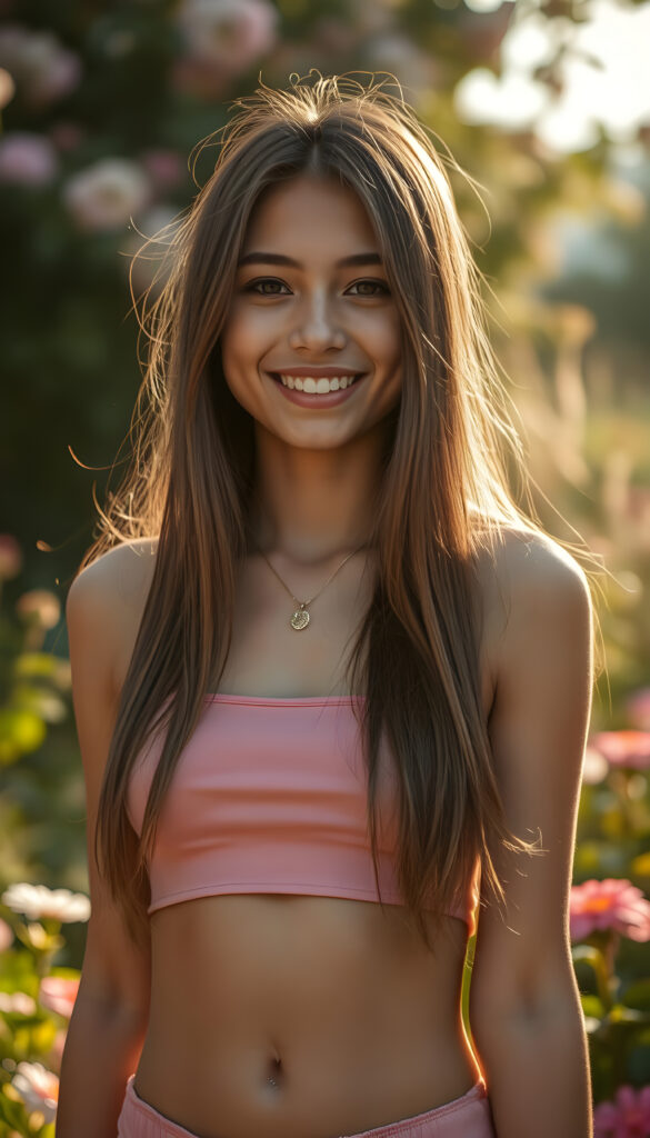 super realistic and detailed photo from a vibrant, joyful teenager, her smile radiant and infectious, stands in a lush garden bathed in golden sunlight. She wears a stylish, short pink crop top that accentuates her curves beautifully. Cute round small belly button. Her long, straight, hazelnut-colored hair cascades down her shoulders like a waterfall in the same length left and right. The scene is enhanced by soft bokeh effects and delicate floral accents, with blooming flowers and greenery surrounding her, creating a serene and cheerful atmosphere. The lighting is warm and inviting, highlighting her features and the vibrant colors of her outfit and the garden.