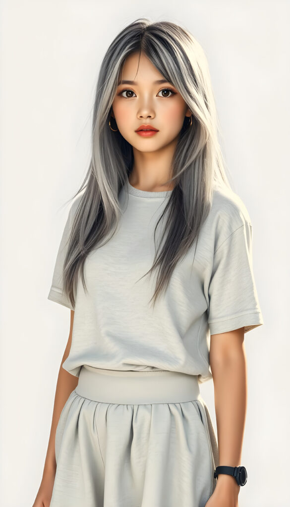 super realistic, detailed, ((gorgeous)) ((stunning)) cute young girl, full body portrait, 18 years old, pencil drawing, thin and fine wool t-shirt and a round short mini skirt, fine open straight ash grey shiny hair