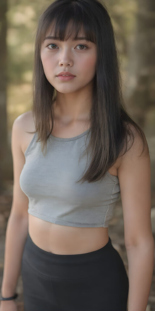 super realistic and detailed photo, a beautiful girl, with (straight, jet soft hair, bangs), (full body view, with a slightly turned head, looking up into the camera), she wears an (thigh-length) short cropped light grey sport tank top (that perfectly complements her youthful curved figure) paired with a round short black mini skirt, show her legs, the lighting is soft and warm, highlighting her natural beauty and the intricate details of her dress, all against a sunny backdrop in nature, ((the camera is slightly sideways at half height))