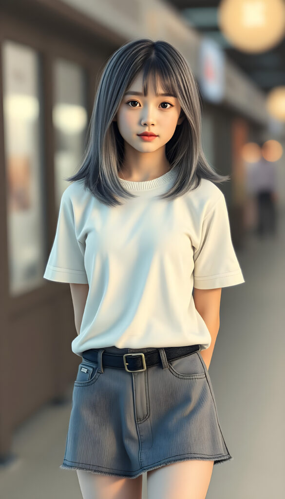 super realistic, detailed, ((gorgeous)) ((stunning)) cute young girl, full body portrait, 18 years old, pencil drawing, thin and fine wool t-shirt and a round short mini skirt, fine open straight ash grey shiny hair