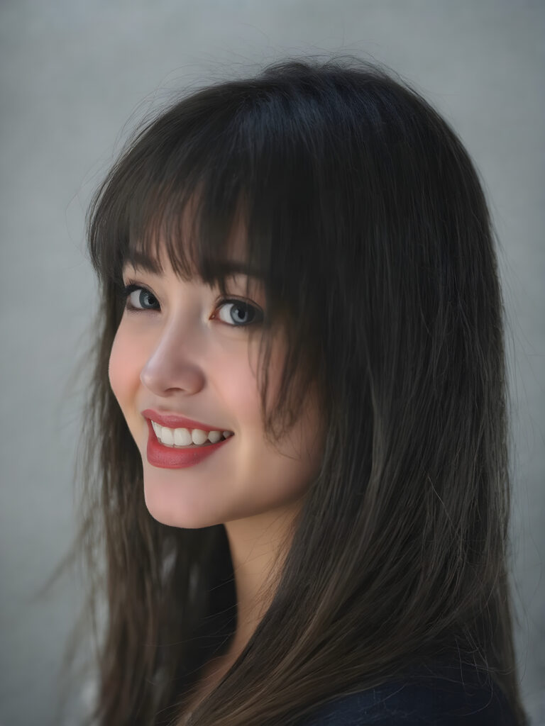 super realistic, 4k, detailed and round face, cute teen girl, super realistic and detailed long straight black hair like steel, styled bangs, looks at the camera, (side portrait shot), smile very happy, she has detailed amber eyes and eyeliner, perfect body, full red lips, perfect skin, warm smile open mouth and white teeth, all against a grey backdrop