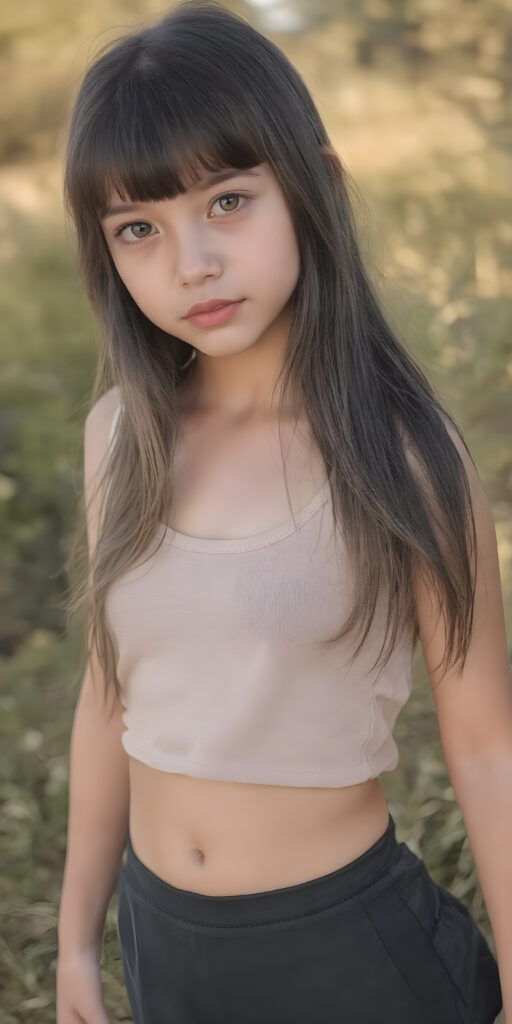 super realistic and detailed photo, a beautiful young teen girl, with (long, straight, jet soft untucked hair, bangs), (full body view), with a slightly turned head), she wears an (thigh-length) short cropped tank top (that perfectly complements her youthful figure) paired with a round short black mini skirt, the lighting is soft and warm, highlighting her natural beauty and the intricate details of her dress, all against a sunny backdrop in nature, ((the camera is slightly sideways at half height))
