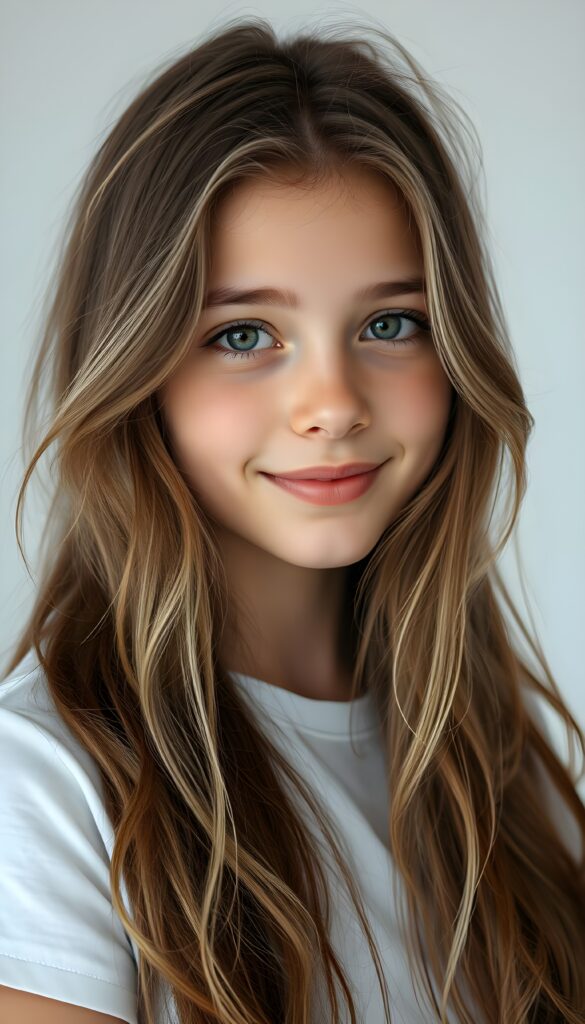 super realistic, detailed portrait, a beautiful young girl with long brown wavy hair and white highlights looks sweetly into the camera. She wears a white t-shirt. White plain simple backdrop.