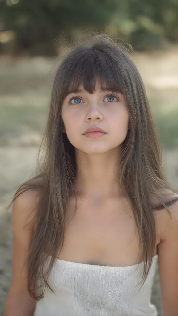super realistic and detailed photo, a beautiful young teen girl, with (long, straight, jet soft hair, bangs), (full body view, with a slightly turned head, looking up into the camera), she wears an (thigh-length) short cropped tank top (that perfectly complements her youthful figure), the lighting is soft and warm, highlighting her natural beauty and the intricate details of her dress, all against a sunny backdrop in nature