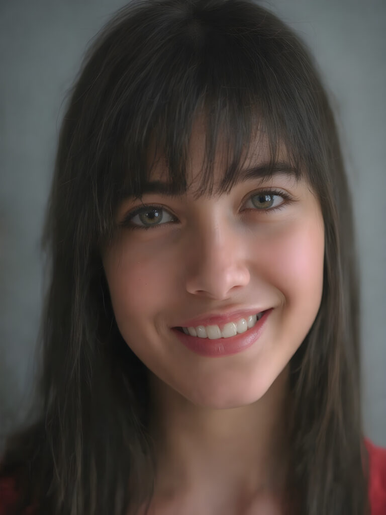 super realistic, 4k, detailed and round face, cute teen girl, super realistic and detailed long straight black hair like steel, styled bangs, looks at the camera, (centered portrait shot), smile very happy, she has detailed amber eyes and eyeliner, perfect body, full red lips, perfect skin, warm smile open mouth and white teeth, all against a grey backdrop