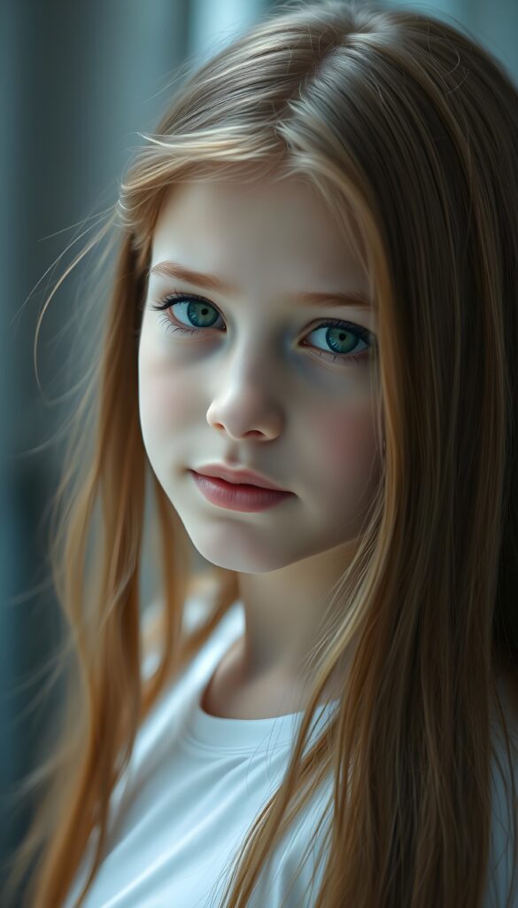 super realistic, detailed portrait, a beautiful young girl with long amber hair looks sweetly into the camera. She has beautiful light green eyes, full lips. She wears a white t-shirt.
