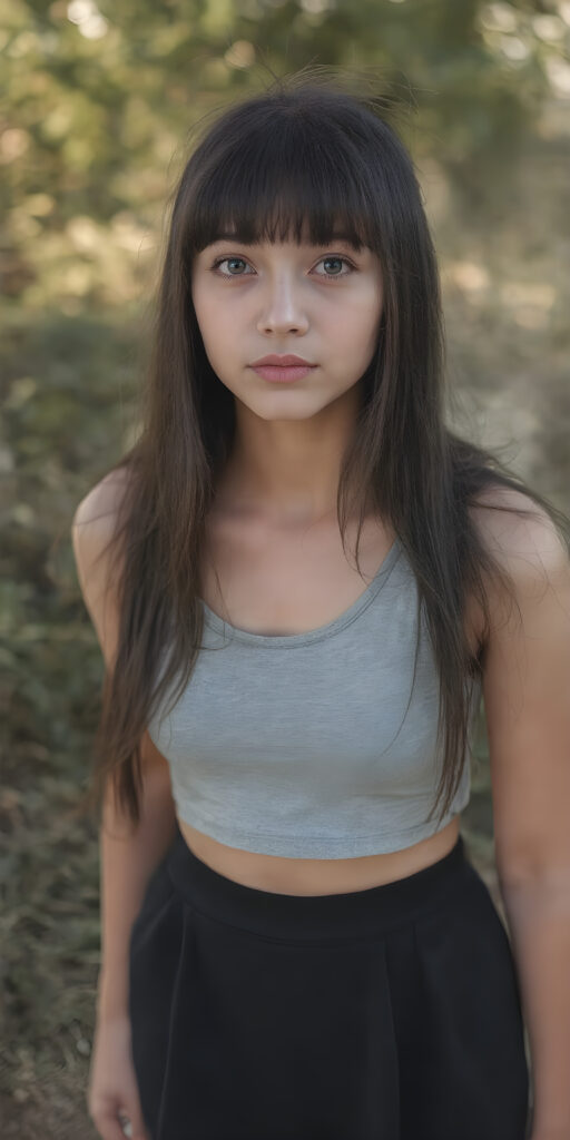 super realistic and detailed photo, a beautiful girl, with (straight, jet soft hair, bangs), (full body view, with a slightly turned head, looking up into the camera), she wears an (thigh-length) short cropped light grey sport tank top (that perfectly complements her youthful curved figure) paired with a round short black mini skirt, show her legs, the lighting is soft and warm, highlighting her natural beauty and the intricate details of her dress, all against a sunny backdrop in nature, ((the camera is slightly sideways at half height))