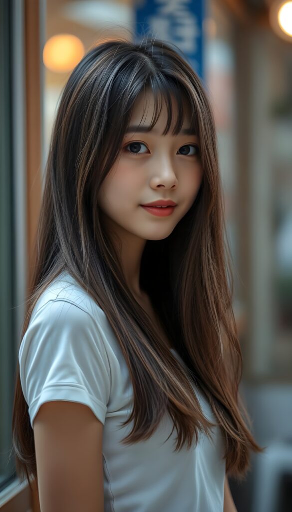 super realistic, detailed portrait, a beautiful young Asian girl with long brown straight hair and white highlights looks sweetly into the camera. She wears a white thin t-shirt. The t-shirt support her perfect female body. White plain simple backdrop.