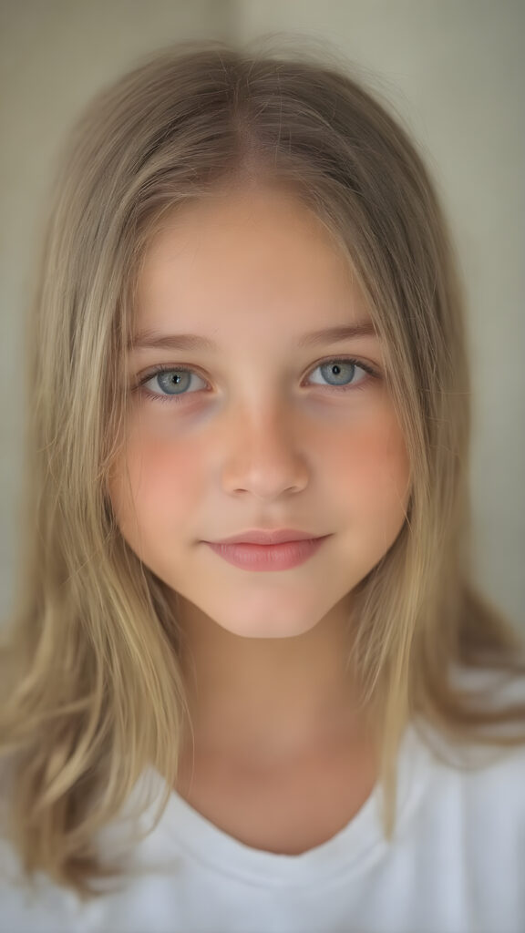 super realistic, detailed portrait, a beautiful young girl with long hair looks sweetly into the camera. She wears a white t-shirt