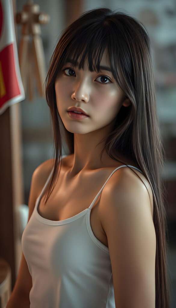 super realistic, detailed face, cute Asian girl, long straight hair, realistic detailed eyes, wear white short tight tank top, looks sadly at the camera, perfect curved body