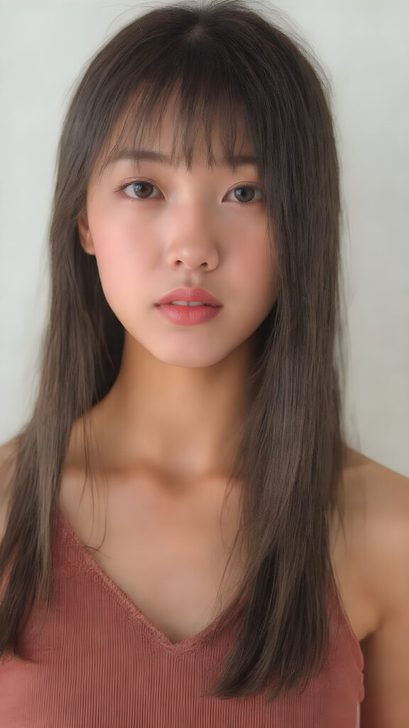 super realistic and detailed photo, a vividly captured moment where a (((Korean cute young adult girl, flawless, beautiful skin))) with long straight jet-black super soft hair, bangs, stands confidently upper body portrait, dressed in a ((brown sleeveless cropped tank top, deep v-neck, perfect curved body)) that accentuates her toned, slightly imperfect complexion. Her striking features and perfectly proportioned figure convey an air of natural beauty