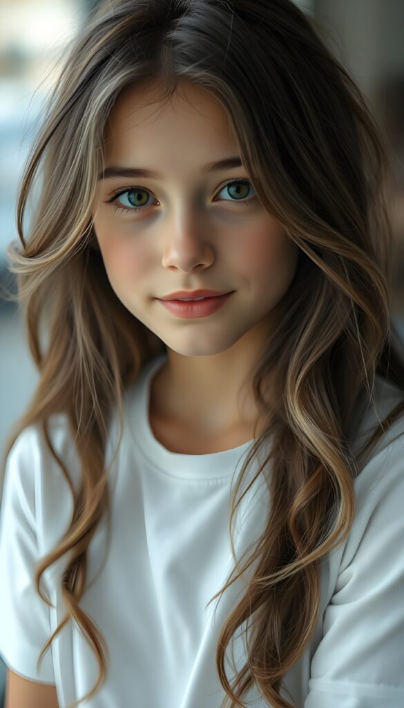 super realistic, detailed portrait, a beautiful young girl with long brown wavy hair and white highlights looks sweetly into the camera. She wears a white t-shirt
