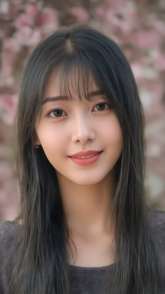 super realistic, 4k, detailed face, cute Asian teen girl, long straight black hair, Korean styled bangs, looks at the camera, portrait shot, smile very happy, there are cherry blossom trees in the background, she has amber eyes, perfect body