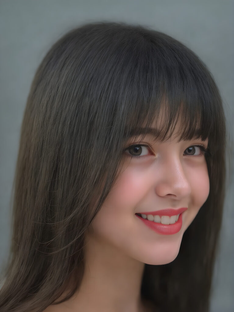 super realistic, 4k, detailed and round face, cute teen girl, super realistic and detailed long straight black hair like steel, styled bangs, looks at the camera, (side portrait shot), smile very happy, she has detailed amber eyes and eyeliner, perfect body, full red lips, perfect skin, warm smile open mouth and white teeth, all against a grey backdrop