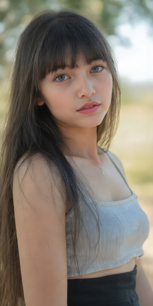 super realistic and detailed photo, a beautiful girl, with (straight, jet soft hair, bangs), (full body view, with a slightly turned head, looking up into the camera), she wears an (thigh-length) short cropped light grey sport tank top (that perfectly complements her youthful curved figure) paired with a round short black mini skirt, show her legs, the lighting is soft and warm, highlighting her natural beauty and the intricate details of her dress, all against a sunny backdrop in nature, ((the camera is slightly sideways at half height))
