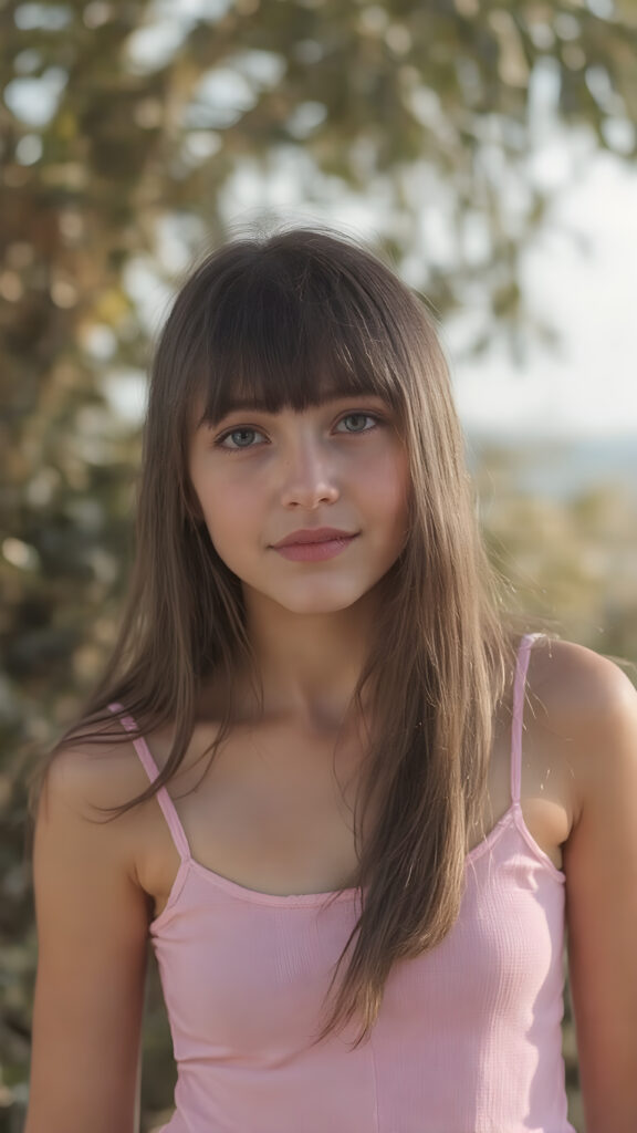 super realistic and detailed photo, a beautiful young teen girl, with (long, straight, jet soft hair, bangs), (full body view, with a slightly turned head, looking up into the camera), she wears an (thigh-length) short cropped tank top (that perfectly complements her youthful figure), the lighting is soft and warm, highlighting her natural beauty and the intricate details of her dress, all against a sunny backdrop in nature