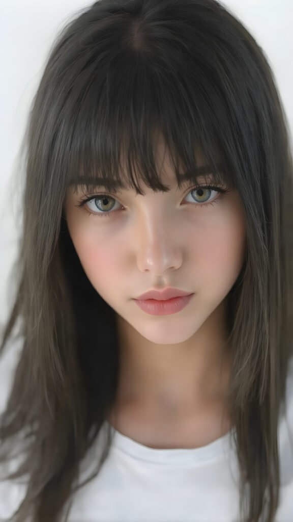 super realistic, detailed portrait, a beautiful young teen girl with long soft straight black hair bangs, round face, looks sweetly into the camera, she wears a short white t-shirt