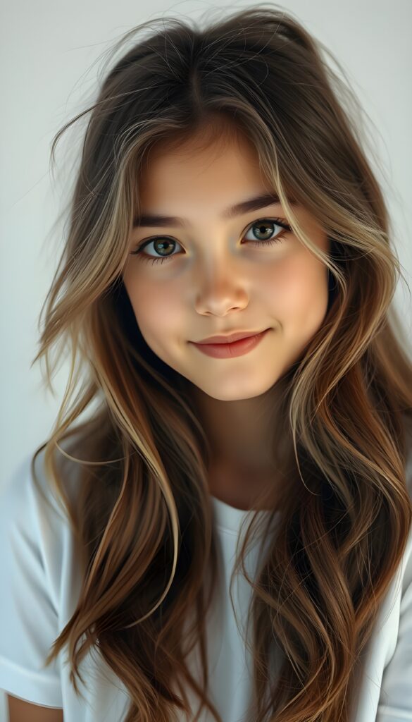 super realistic, detailed portrait, a beautiful young girl with long brown wavy hair and white highlights looks sweetly into the camera. She wears a white t-shirt. White plain simple backdrop.