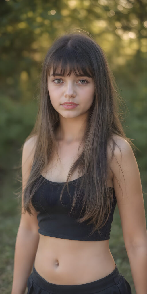 super realistic and detailed photo, a beautiful young teen girl, with (long, straight, jet soft untucked hair, bangs), (full body view), with a slightly turned head), she wears an (thigh-length) short cropped tank top (that perfectly complements her youthful figure) paired with a round short black mini skirt, the lighting is soft and warm, highlighting her natural beauty and the intricate details of her dress, all against a sunny backdrop in nature, ((the camera is slightly sideways at half height))