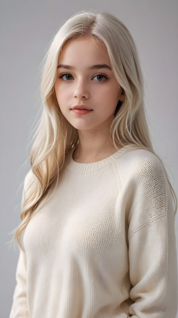 super realistic, detailed portrait, a beautiful young teen girl, 14 years old, perfect body, ((with long soft white straight hair)), and ((full lips)), looks sweetly into the camera, she wears a thin crop ((white sweater)) against ((light background))