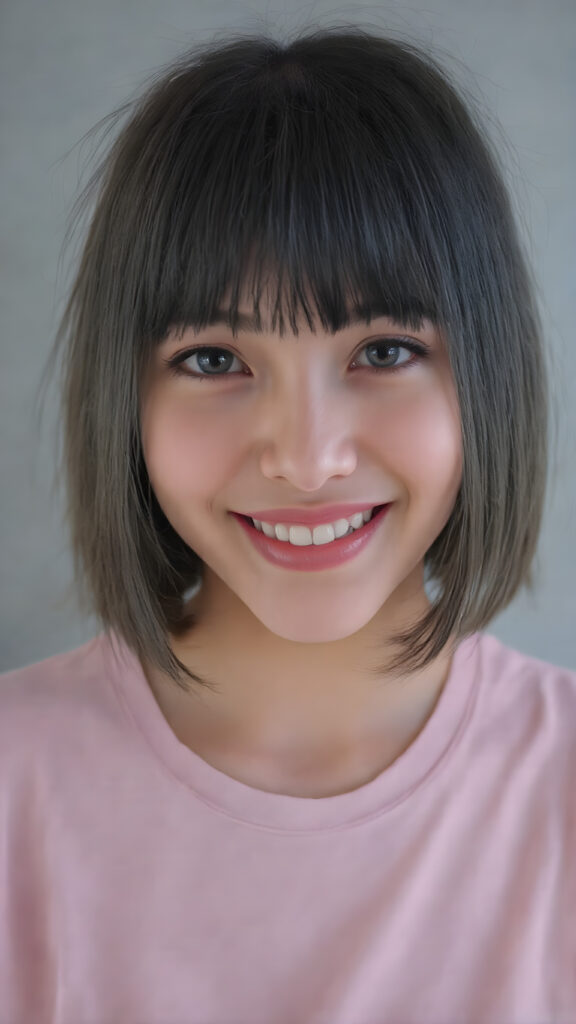 super realistic, 4k, detailed and round face, cute teen girl, ((super realistic and detailed straight black hair like steel)), styled bangs and bob, looks at the camera, (centered portrait shot), smile very happy, she has detailed amber eyes and eyeliner, perfect body, full red lips, perfect skin, warm smile open mouth and white teeth, all against a grey backdrop, the girl wears a short, thin light pink t-shirt, perfect fit female body