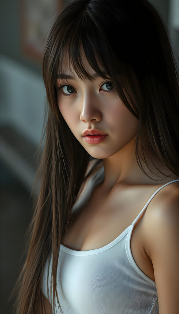 super realistic, detailed face, cute Asian girl, long straight hair, realistic detailed eyes, wear white short tight tank top, looks sadly at the camera, perfect curved body